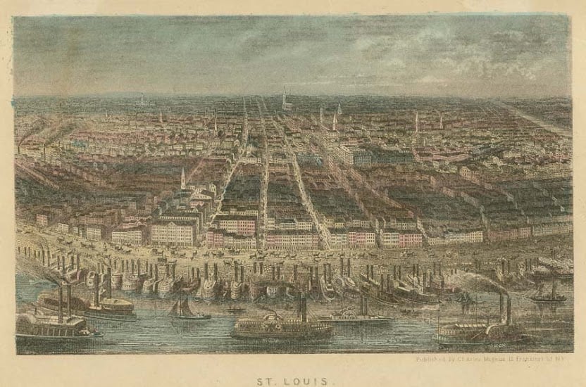 St. Louis, 1853. Hand colored wood engraving by Charles Magnus, 1853 Missouri History Museum Archives. St. Louis Views n14063