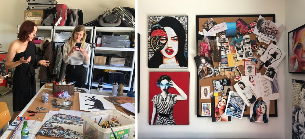  Annie, left, walks us through a work in progress that will eventually be several feet in size, spanning several panels; RIGHT: An inspiration board hangs alongside Annie’s artwork, where she pins ads and paper clippings.