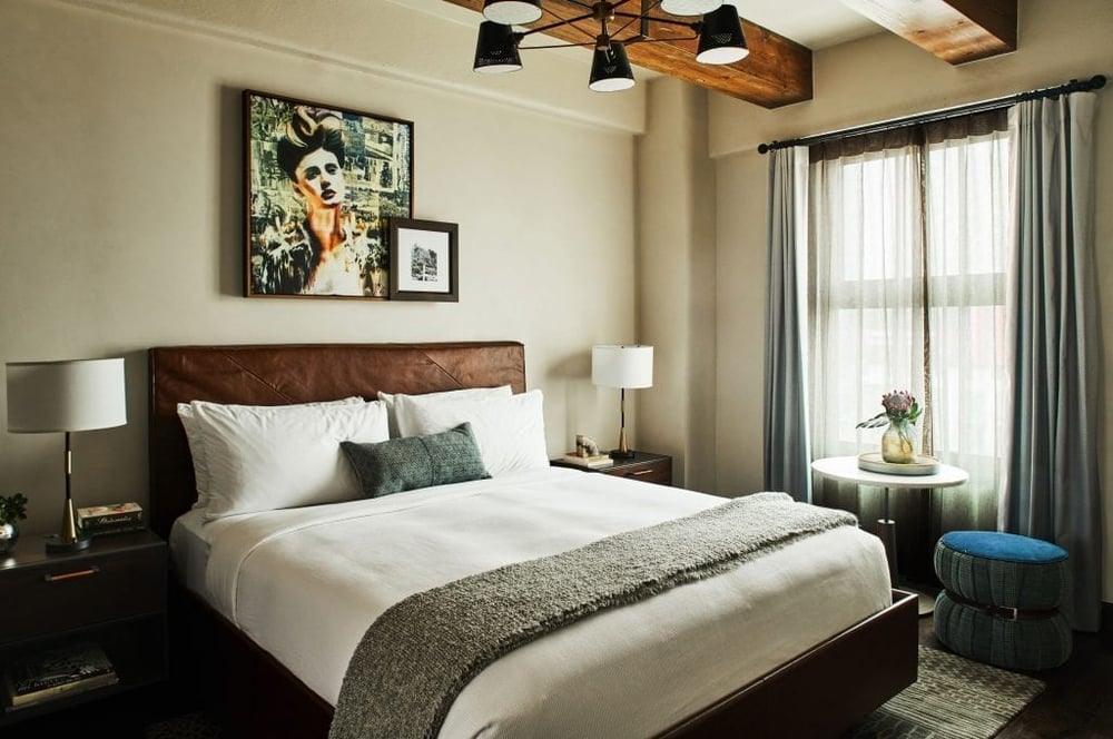 The Figueroa Hotel in DTLA features a portrait by Annie printed on gallery wrapped canvas at 33”W x 35”H, flanked by “San Gabriel” by LA local artist Mary Rasmussen