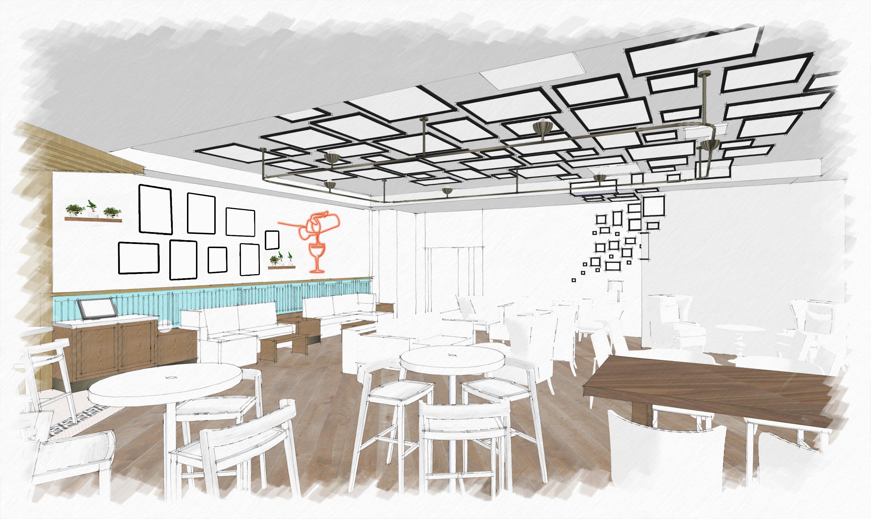 A design rendering of The Commentary’s lounge from July 2019, featuring two large salon-style walls. This was an early image provided to our team pre-curation. Provided by EDG Interior Architecture + Design.